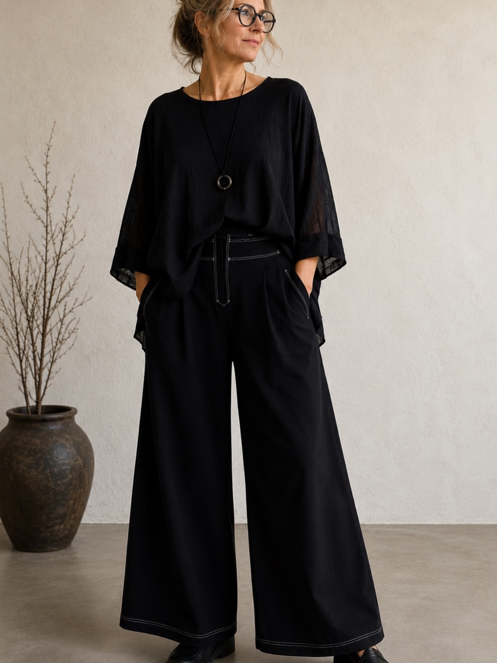 ISCHIKO Black Wide Leg Contract Stitch Pants Lagenlook